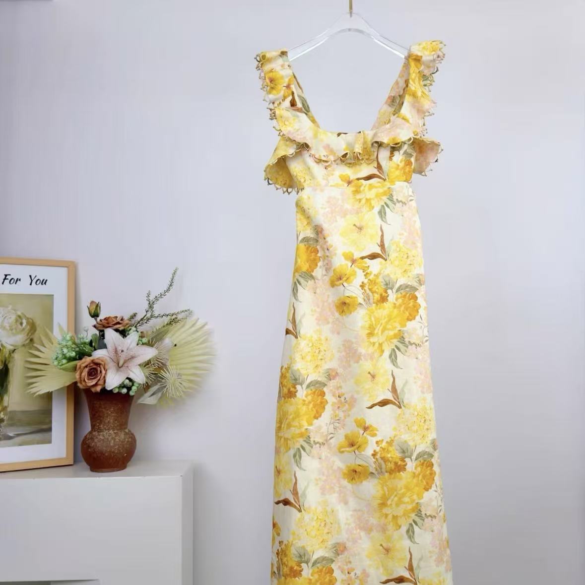 Yellow Floral Ruffled Spaghetti Strap Maxi Dress | Square-Neck Summer Dress
