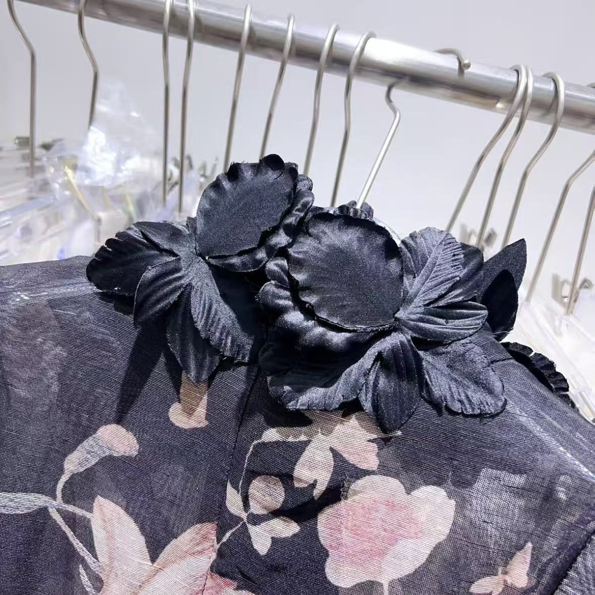 Black Floral Print Maxi Dress with Puff Sleeves | Formal Gown with 3D Floral Appliqués and Ruffled Sleeves