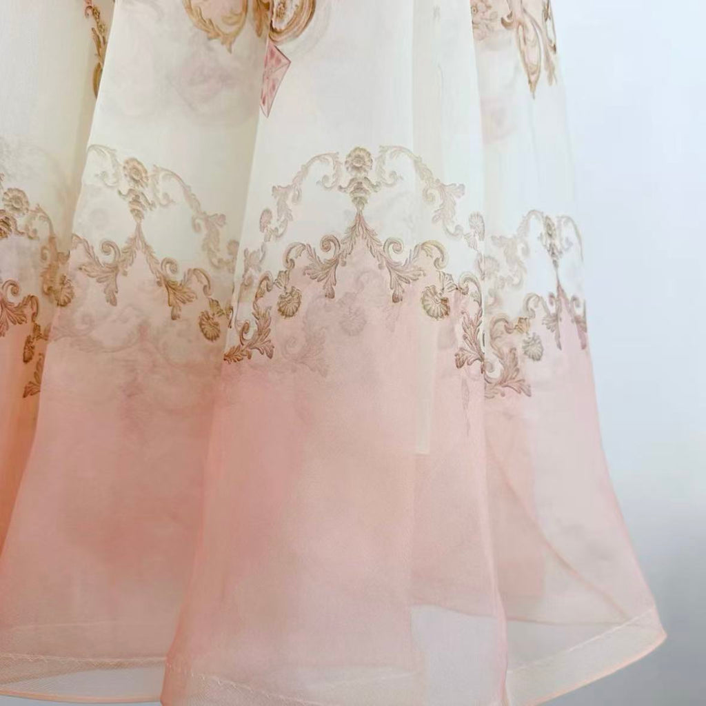 Peach Retro Baroque Print Maxi Dress | Lace Stand-Collar Ruffled-Sleeve Dress