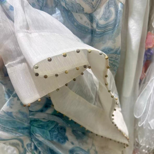 Blue and White Printed Fitted Fishtail Gown