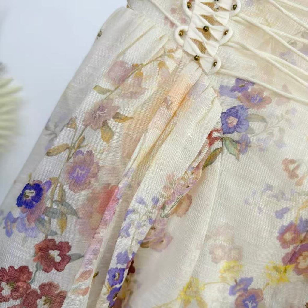 Romantic Off-White Watercolor Floral Mini Dress | Cinch-Waist Lace-Up Dress