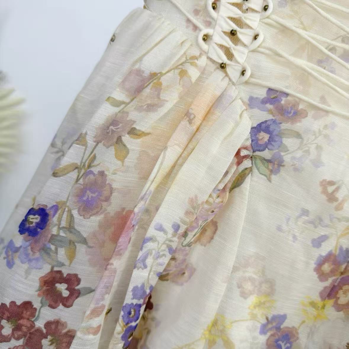 Romantic Off-White Watercolor Floral Mini Dress | Cinch-Waist Lace-Up Dress