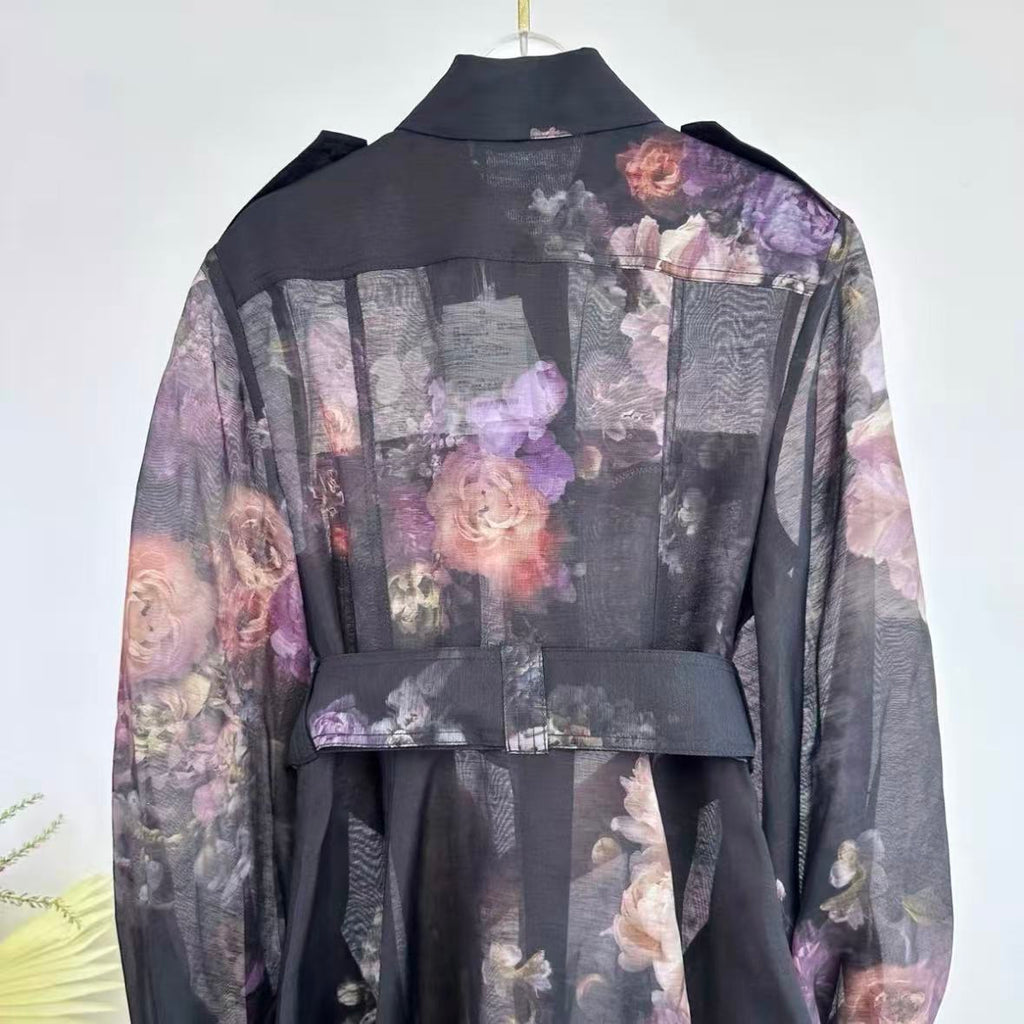 Black Floral Trench Coat Dress Set