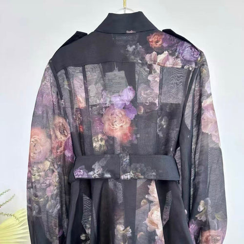 Black Floral Trench Coat Dress Set