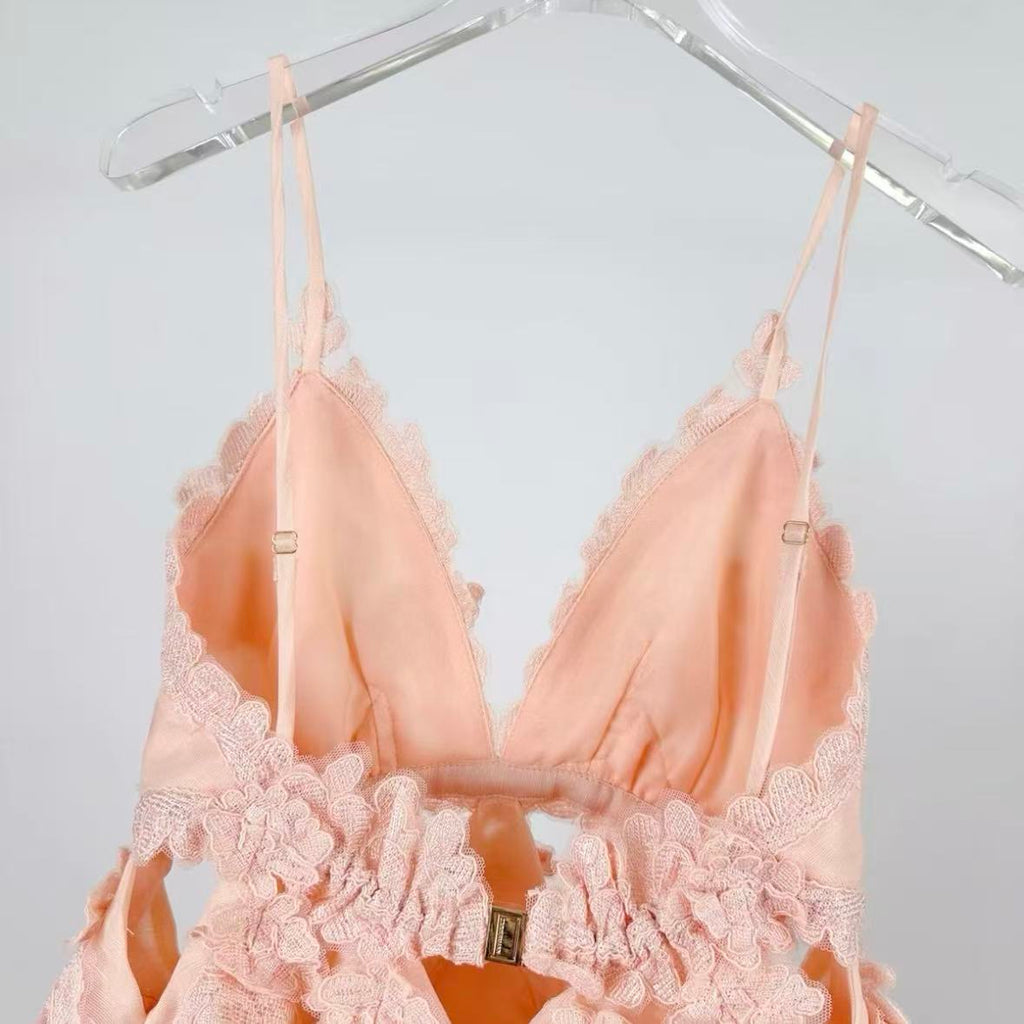Pale Pink Tiered Lace Mini Dress | Spaghetti Strap, Cutout, Ruffled Summer Dress