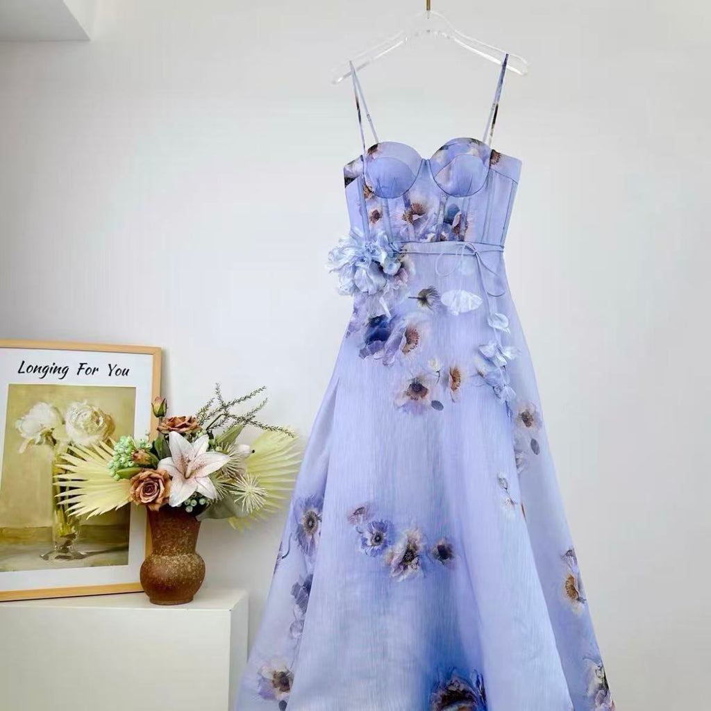 Lilac Floral Spaghetti-Strap Maxi Dress | 3D Floral Appliqué Bodycon Dress