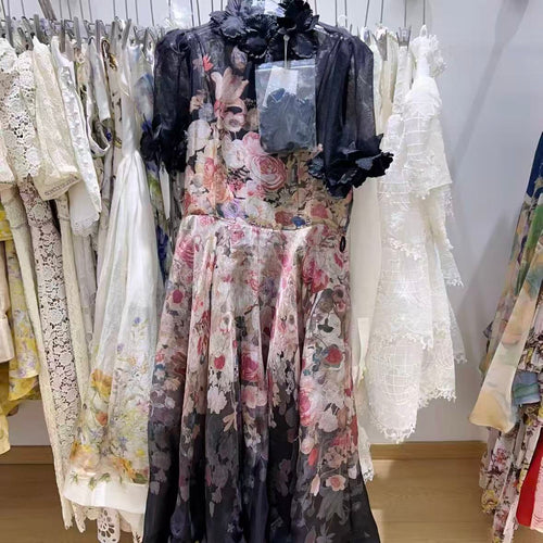 Black Floral Print Maxi Dress with Puff Sleeves | Formal Gown with 3D Floral Appliqués and Ruffled Sleeves