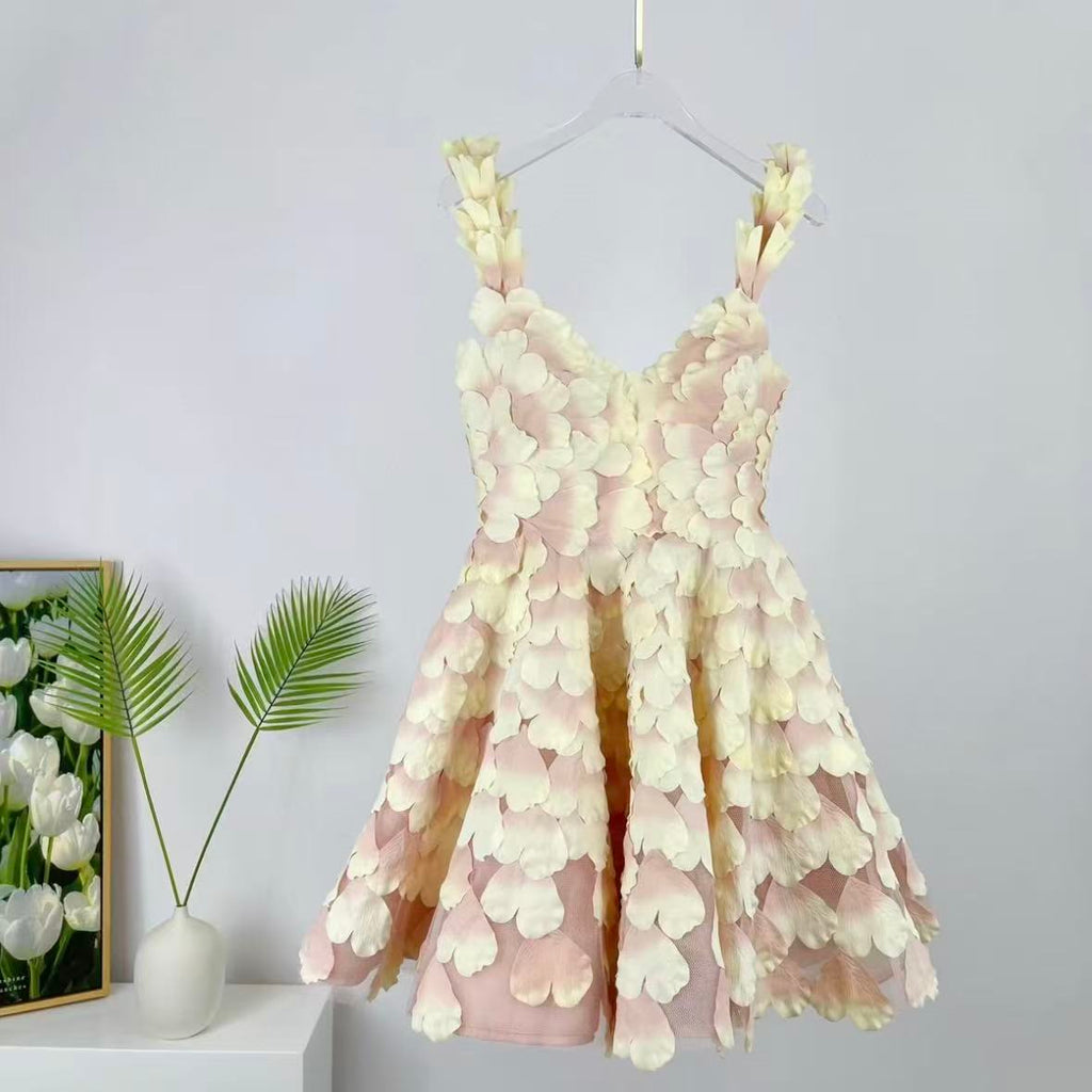 Blush Pink 3D Floral Petal Mini Dress | Sleeveless V-Neck A-Line Party Dress