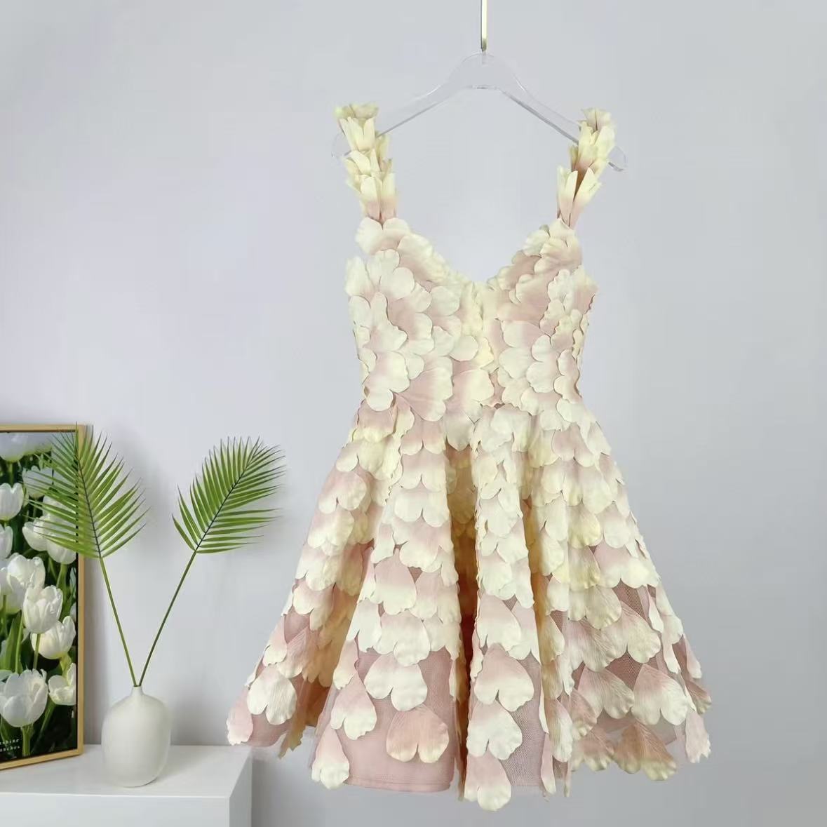 Blush Pink 3D Floral Petal Mini Dress | Sleeveless V-Neck A-Line Party Dress