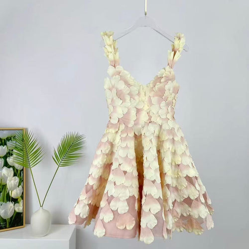 Blush Pink 3D Floral Petal Mini Dress | Sleeveless V-Neck A-Line Party Dress