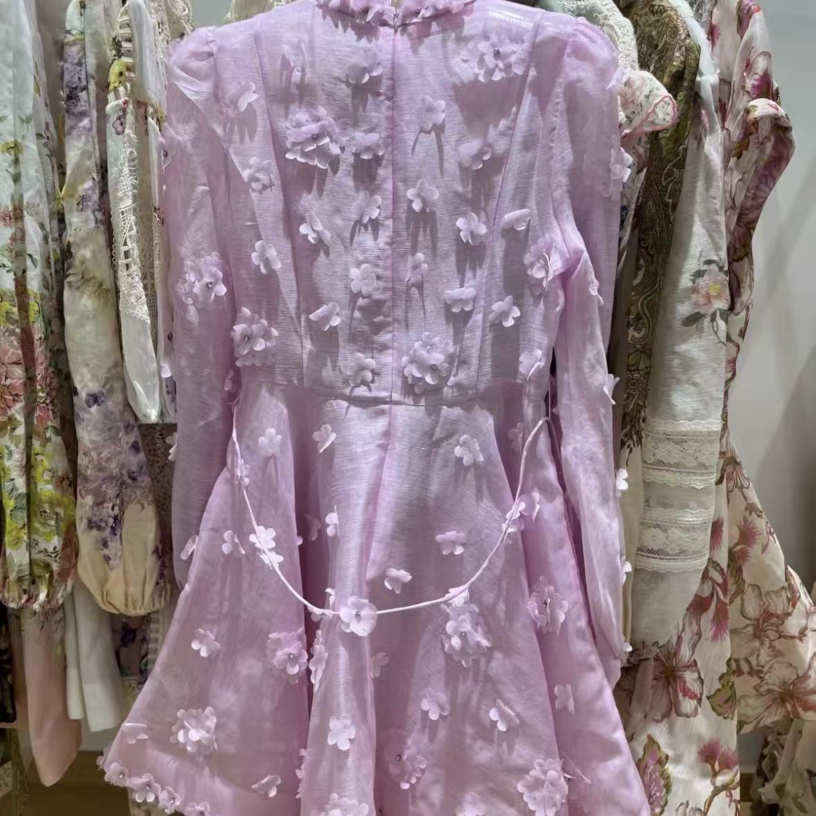 Lilac Dress with 3D Floral Appliqués