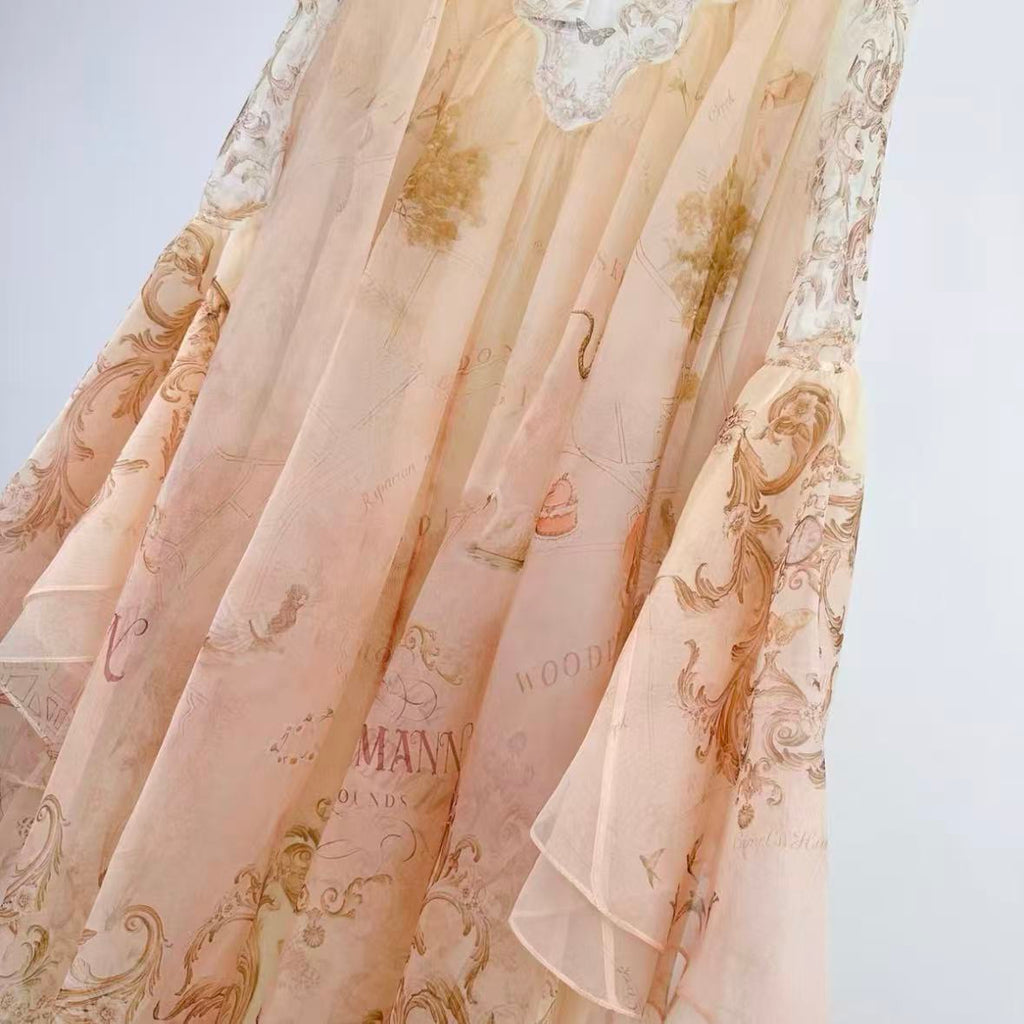 Peach Retro Baroque Print Maxi Dress | Lace Stand-Collar Ruffled-Sleeve Dress