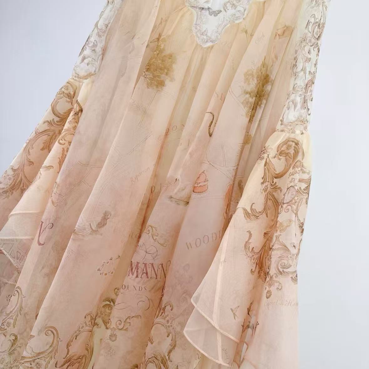 Peach Retro Baroque Print Maxi Dress | Lace Stand-Collar Ruffled-Sleeve Dress