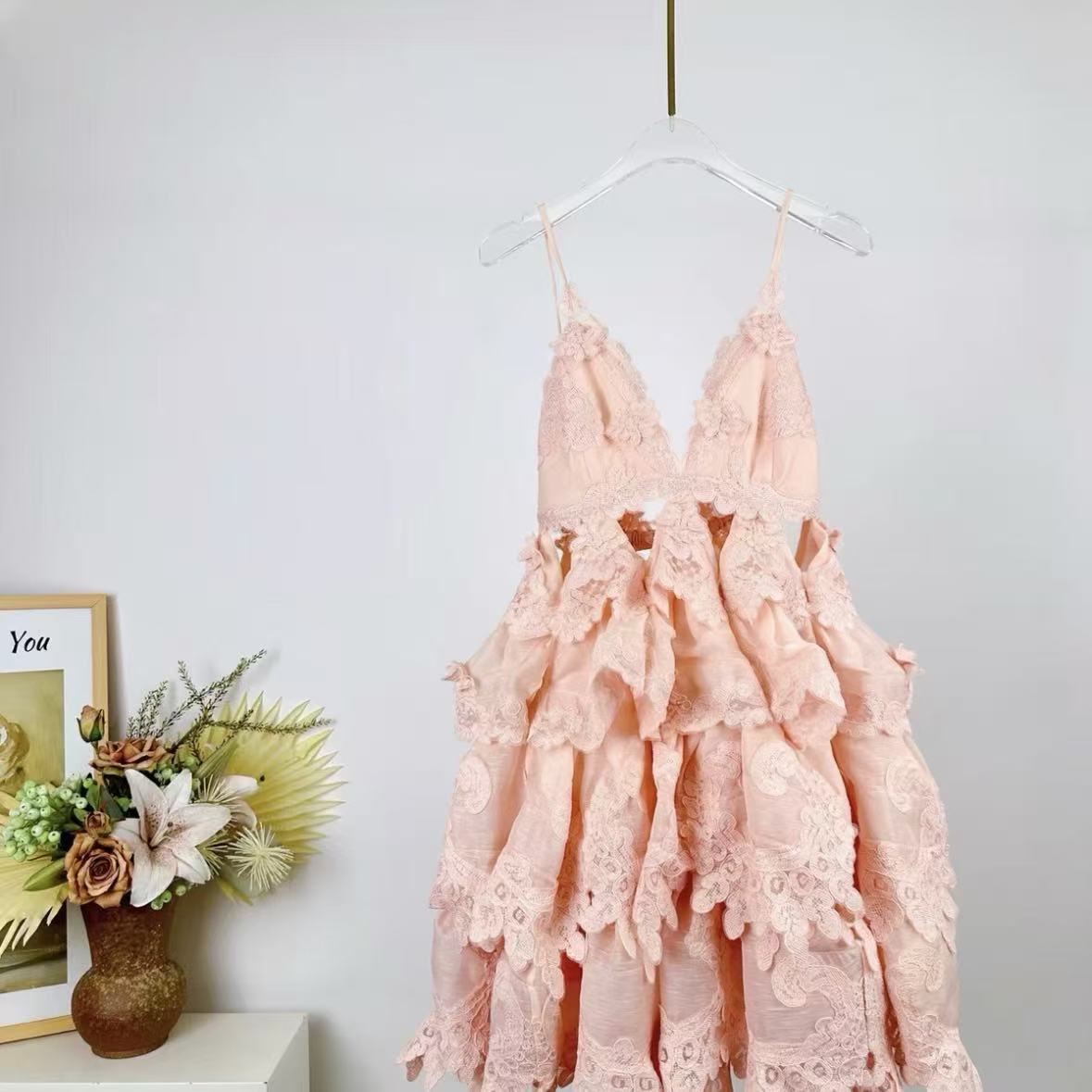 Pale Pink Tiered Lace Mini Dress | Spaghetti Strap, Cutout, Ruffled Summer Dress