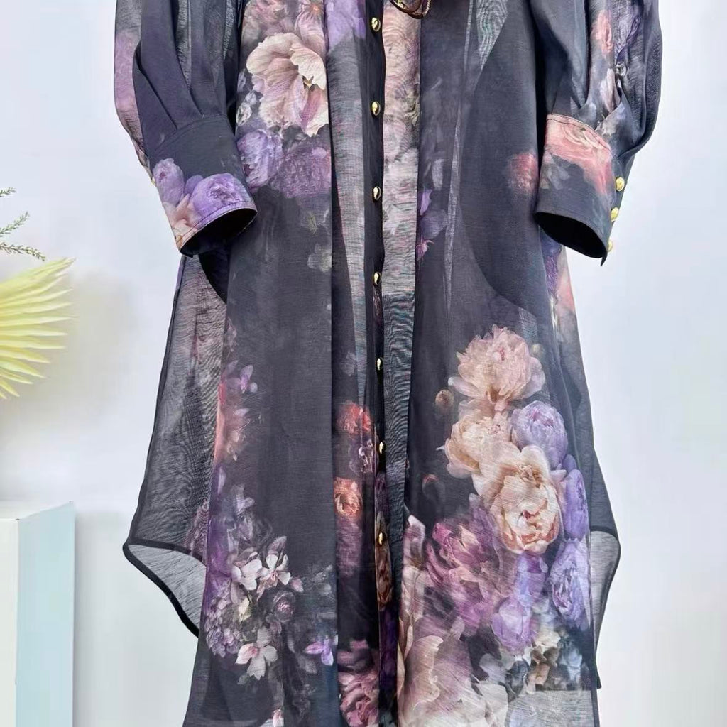 Black Floral Trench Coat Dress Set