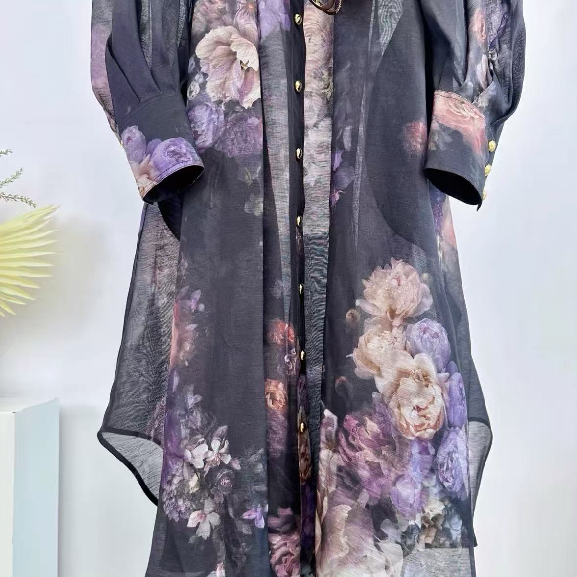 Black Floral Trench Coat Dress Set