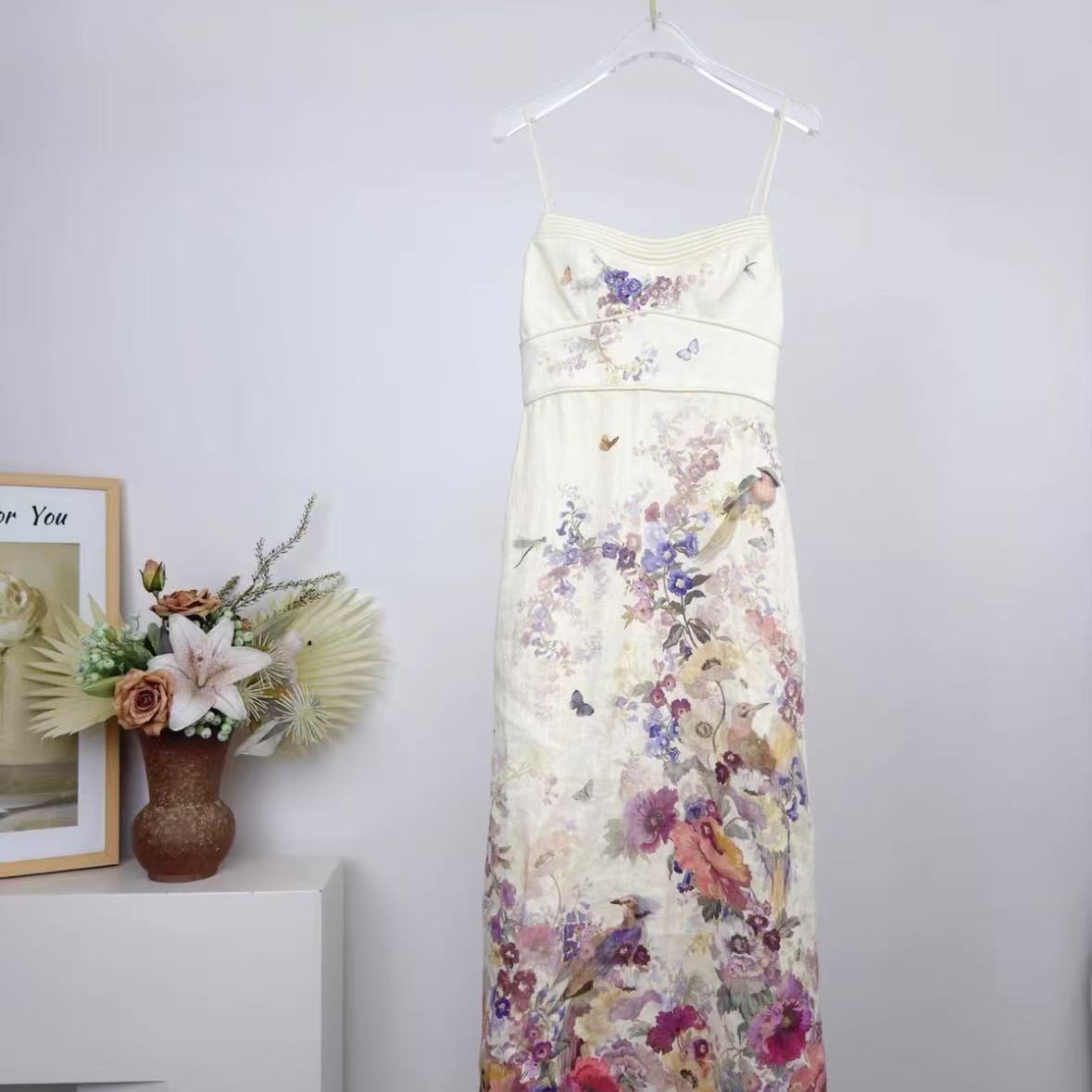 Off-White Floral & Flying Bird Print Spaghetti-Strap Maxi Dress | Sweetheart Neckline Summer Dress