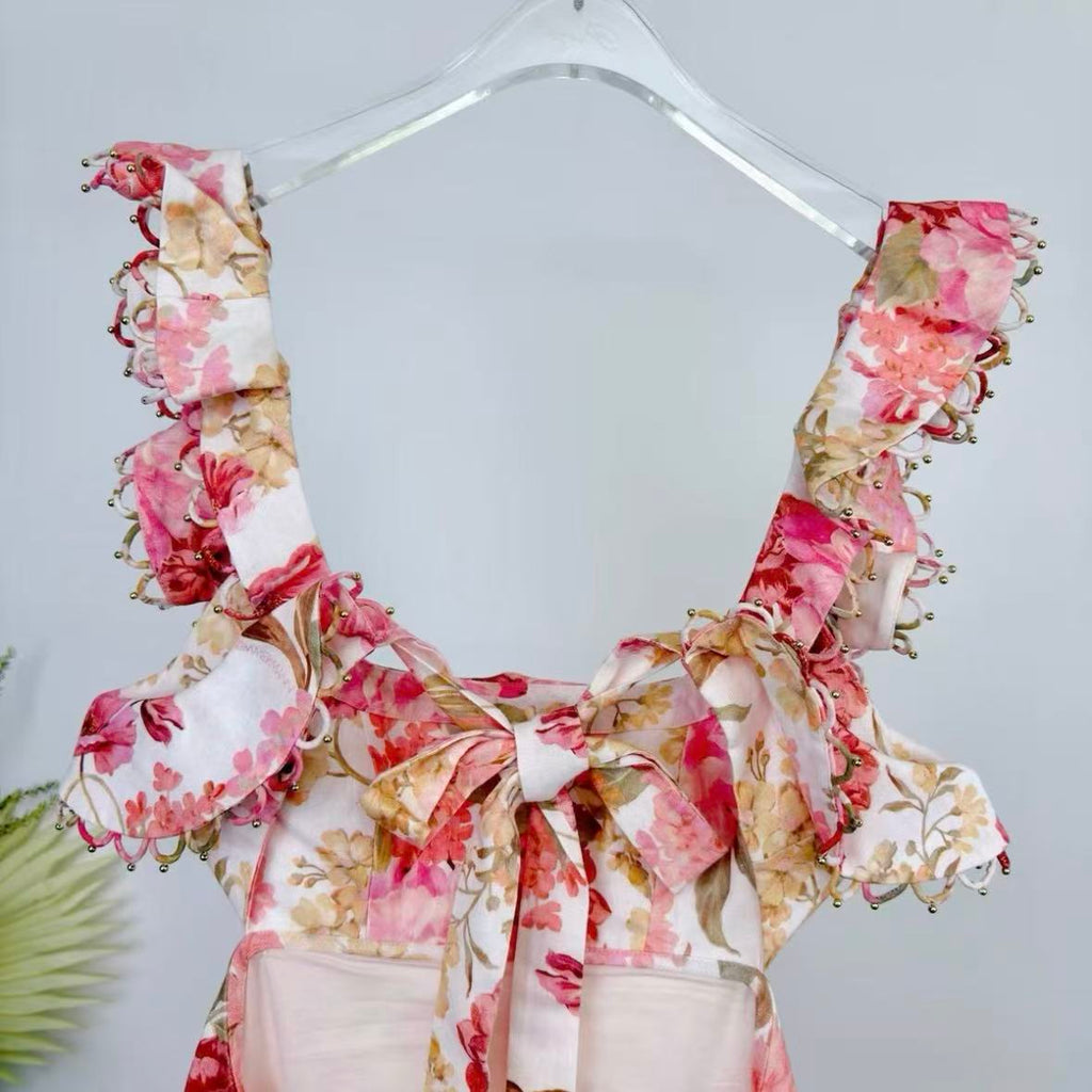 Pale Pink Floral Ruffled Spaghetti-Strap Mini Dress