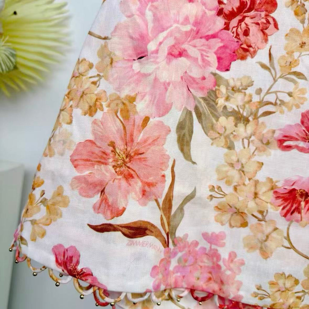 Pale Pink Floral Ruffled Spaghetti-Strap Mini Dress