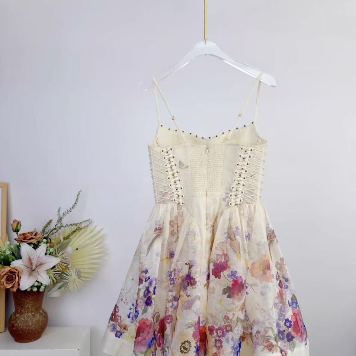 Romantic Off-White Watercolor Floral Mini Dress | Cinch-Waist Lace-Up Dress