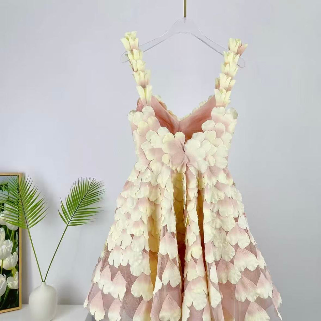 Blush Pink 3D Floral Petal Mini Dress | Sleeveless V-Neck A-Line Party Dress