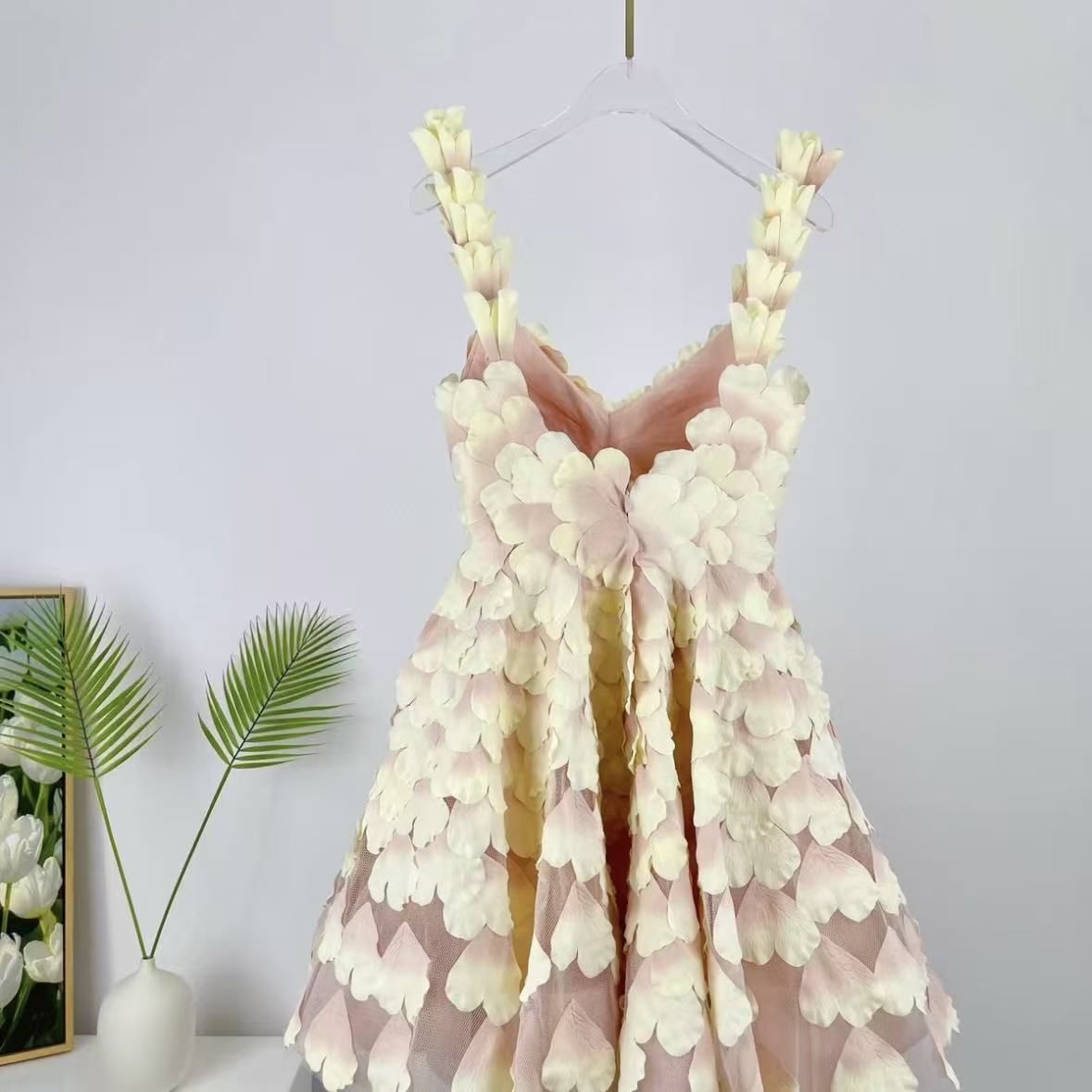 Blush Pink 3D Floral Petal Mini Dress | Sleeveless V-Neck A-Line Party Dress