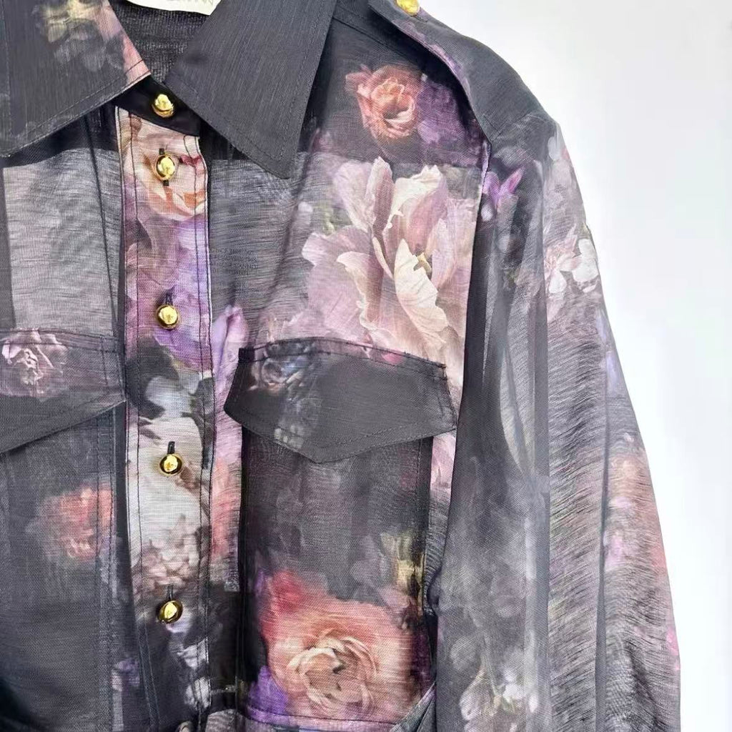 Black Floral Trench Coat Dress Set
