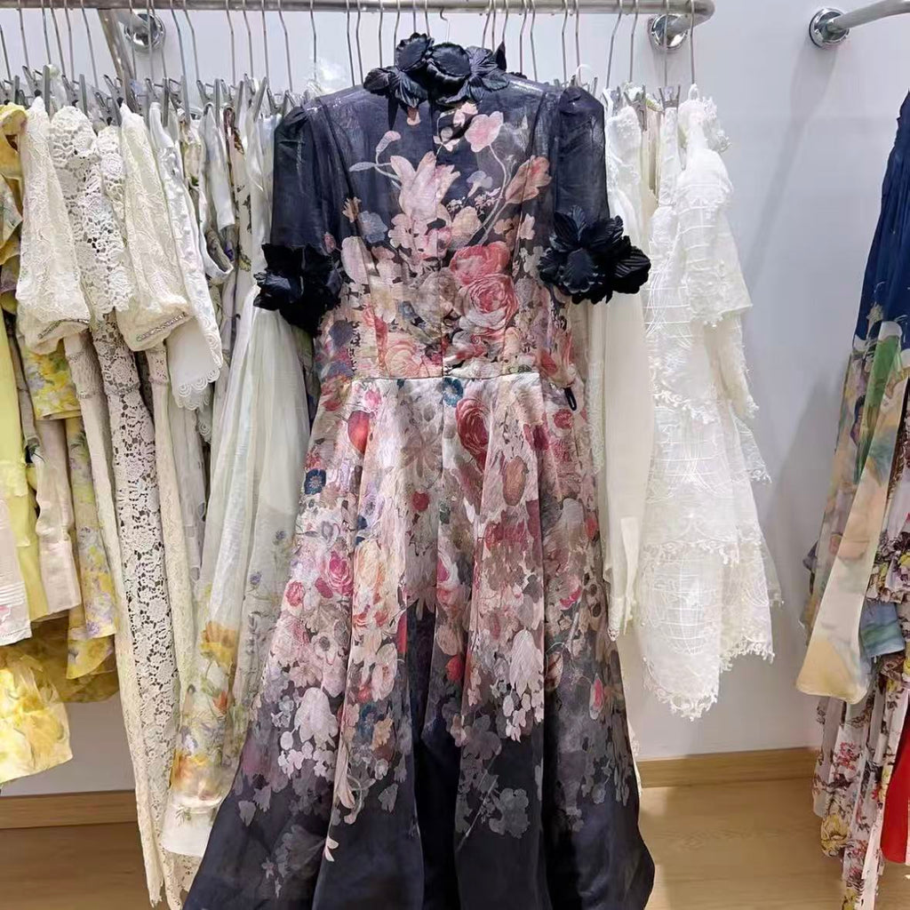 Black Floral Print Maxi Dress with Puff Sleeves | Formal Gown with 3D Floral Appliqués and Ruffled Sleeves