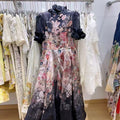 Black Floral Print Maxi Dress with Puff Sleeves | Formal Gown with 3D Floral Appliqués and Ruffled Sleeves