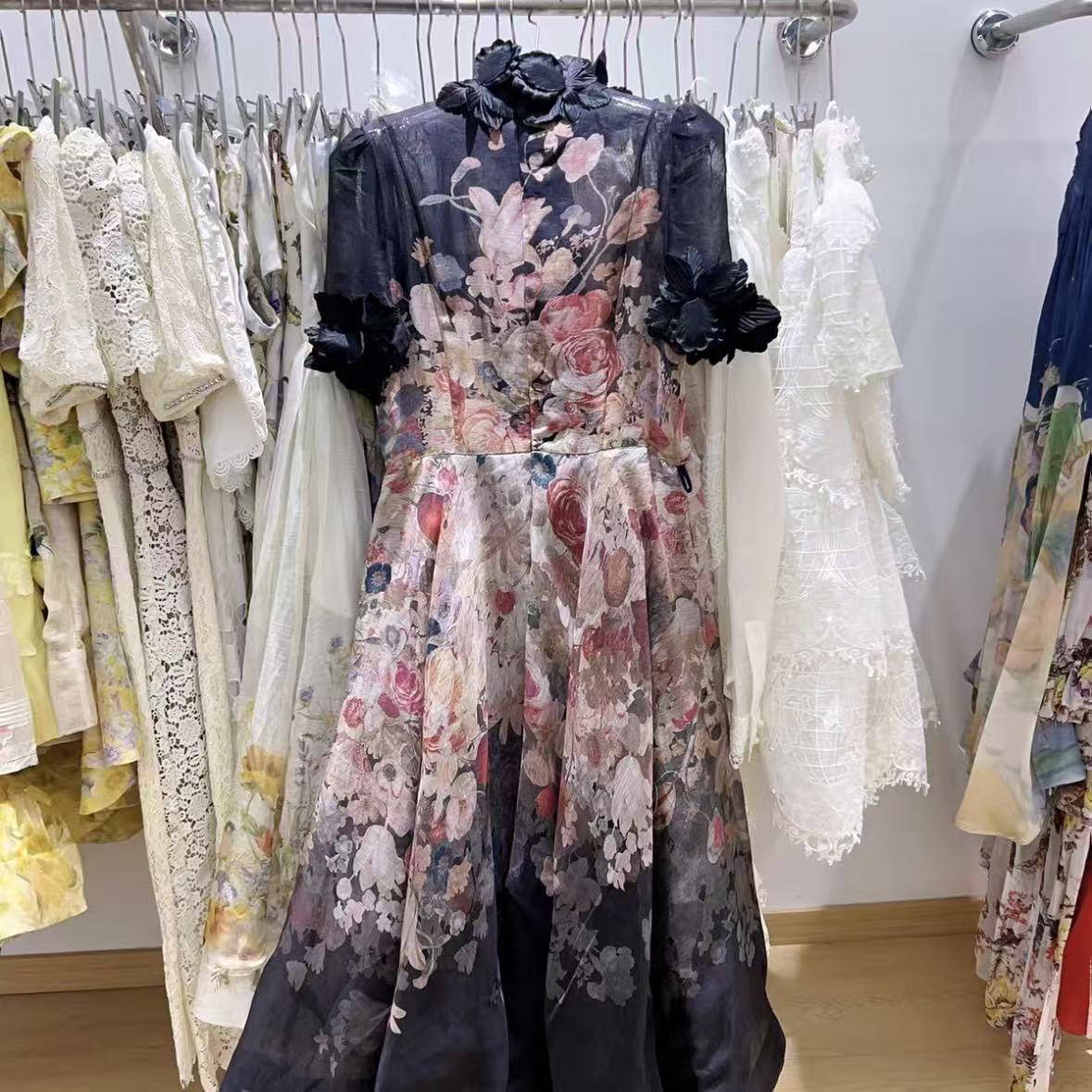 Black Floral Print Maxi Dress with Puff Sleeves | Formal Gown with 3D Floral Appliqués and Ruffled Sleeves