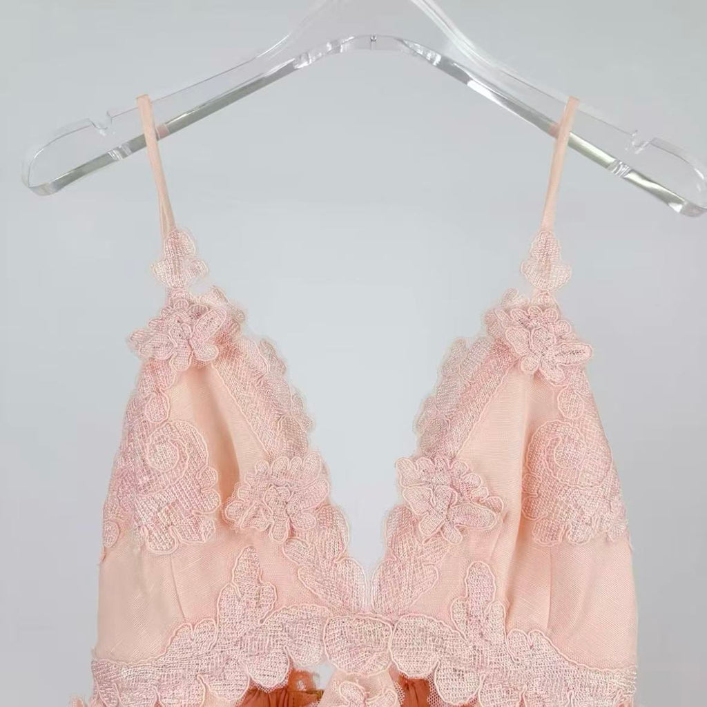 Pale Pink Tiered Lace Mini Dress | Spaghetti Strap, Cutout, Ruffled Summer Dress