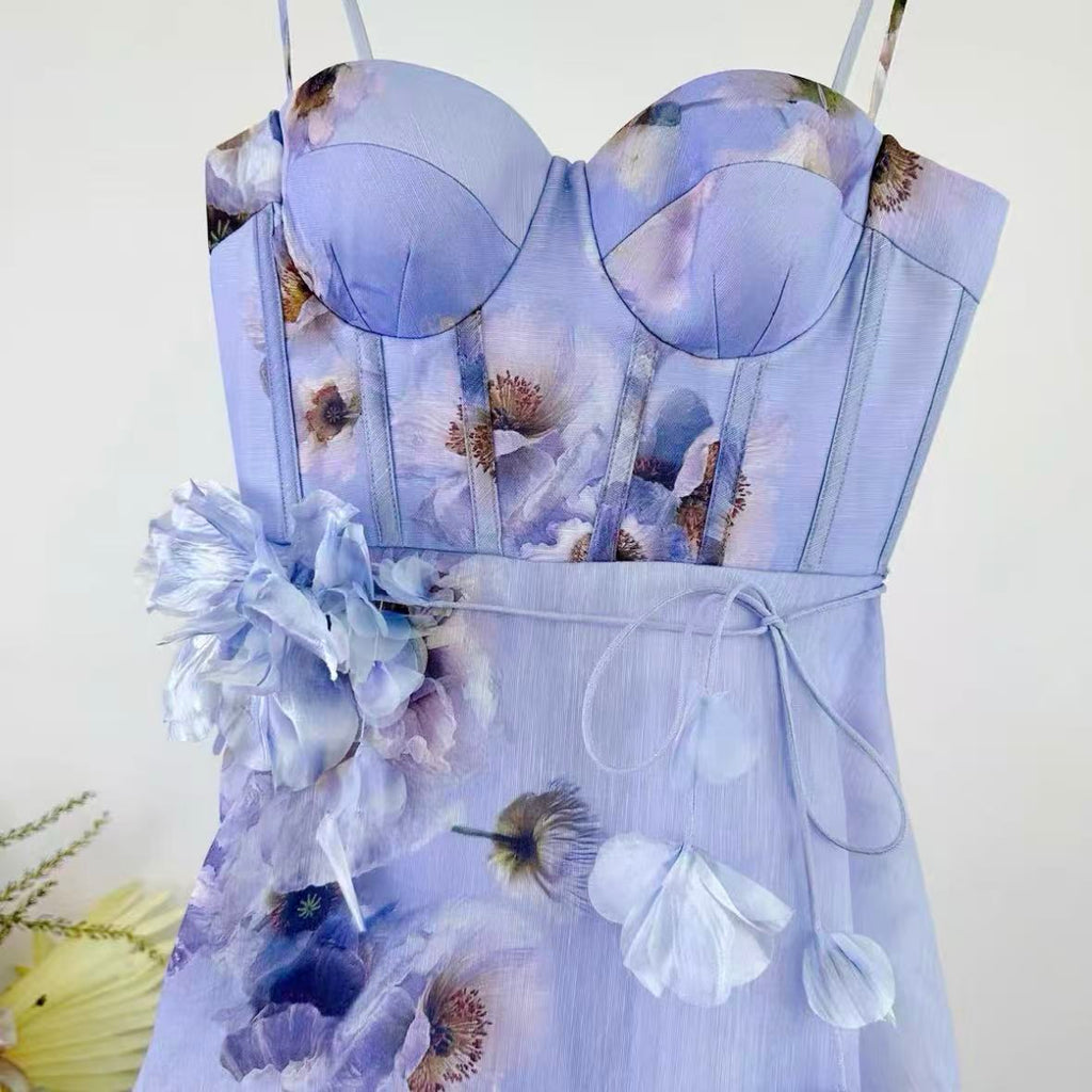 Lilac Floral Spaghetti-Strap Maxi Dress | 3D Floral Appliqué Bodycon Dress