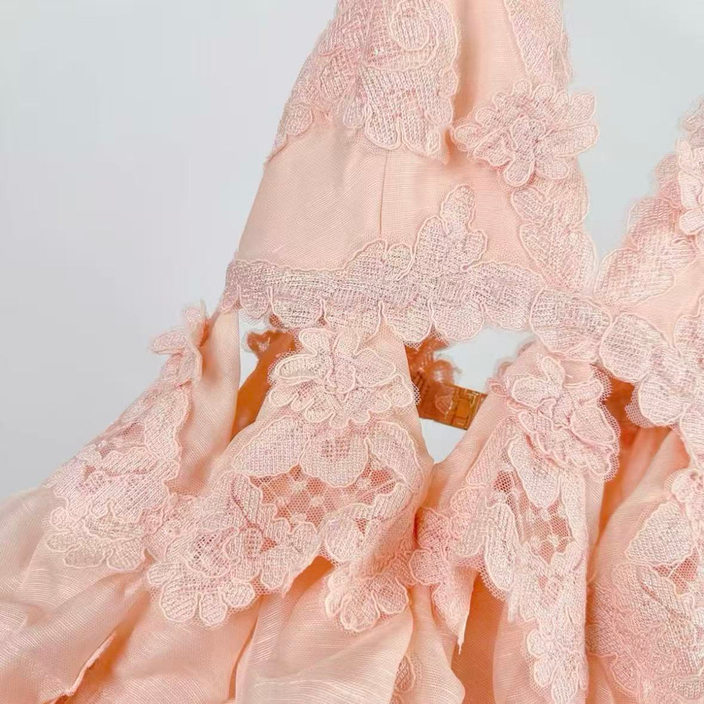 Pale Pink Tiered Lace Mini Dress | Spaghetti Strap, Cutout, Ruffled Summer Dress