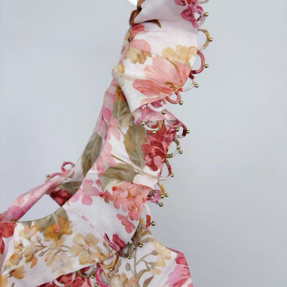 Pale Pink Floral Ruffled Spaghetti-Strap Mini Dress