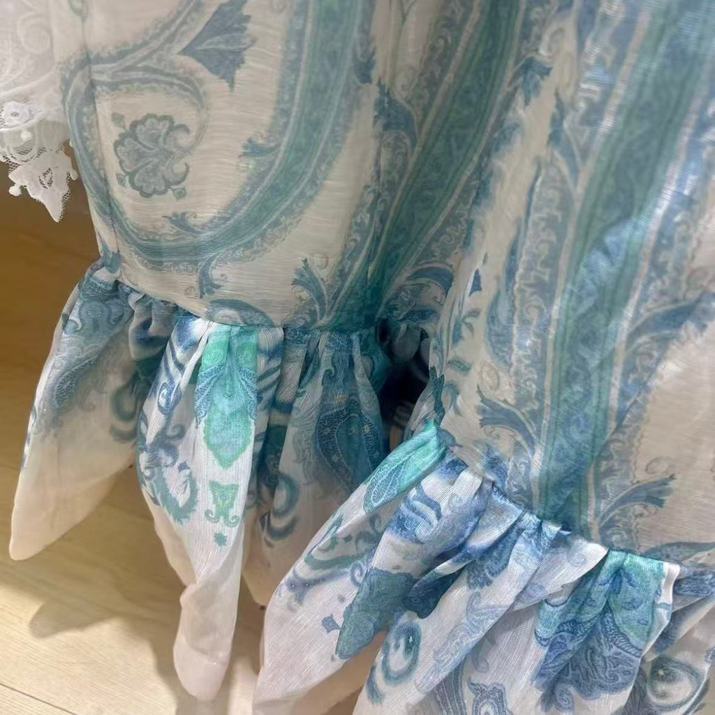 Blue and White Printed Fitted Fishtail Gown