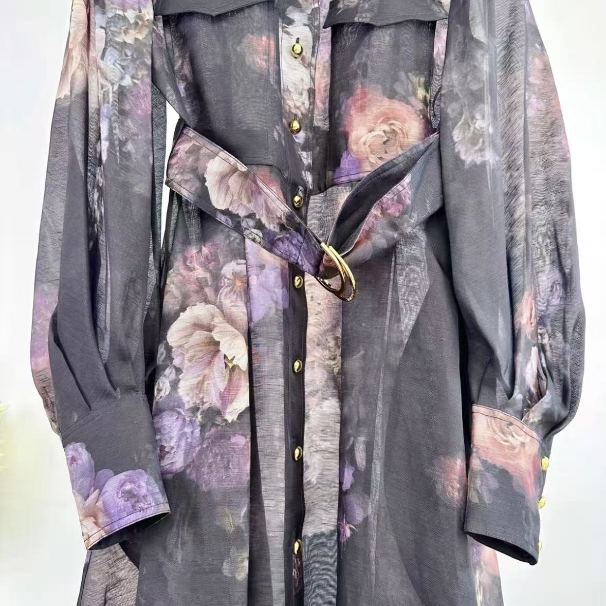 Black Floral Trench Coat Dress Set