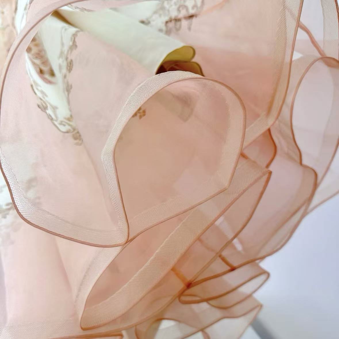 Peach Retro Baroque Print Maxi Dress | Lace Stand-Collar Ruffled-Sleeve Dress