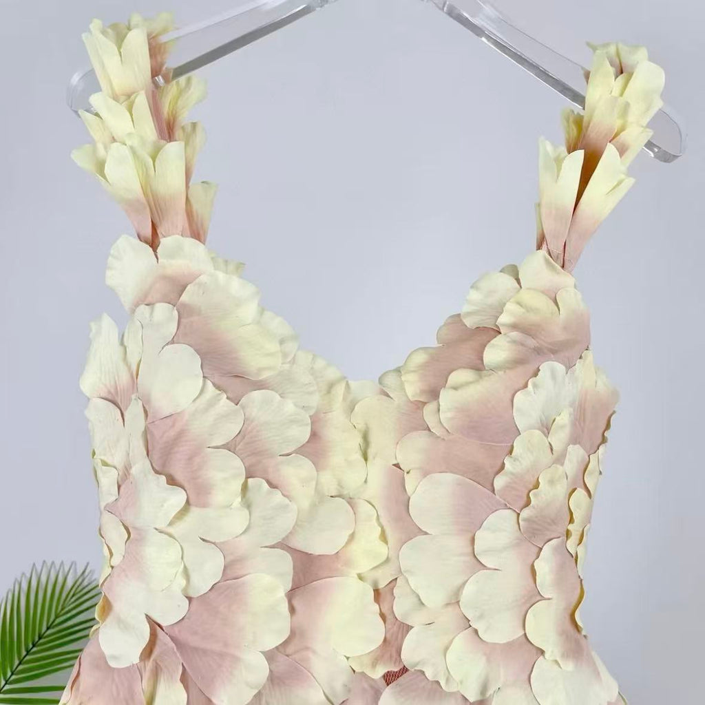 Blush Pink 3D Floral Petal Mini Dress | Sleeveless V-Neck A-Line Party Dress
