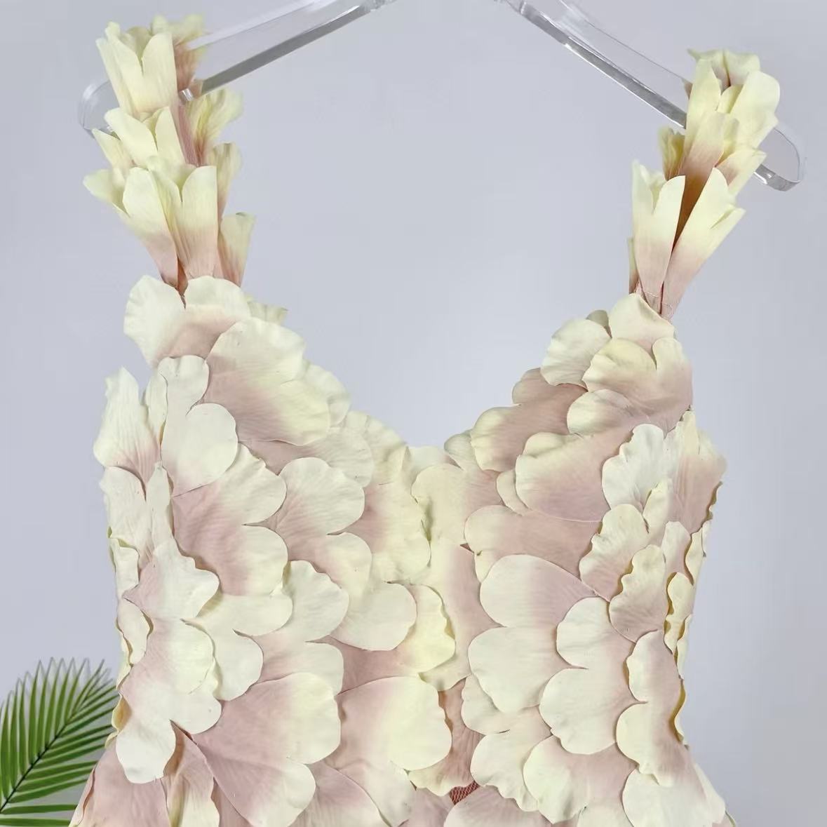 Blush Pink 3D Floral Petal Mini Dress | Sleeveless V-Neck A-Line Party Dress