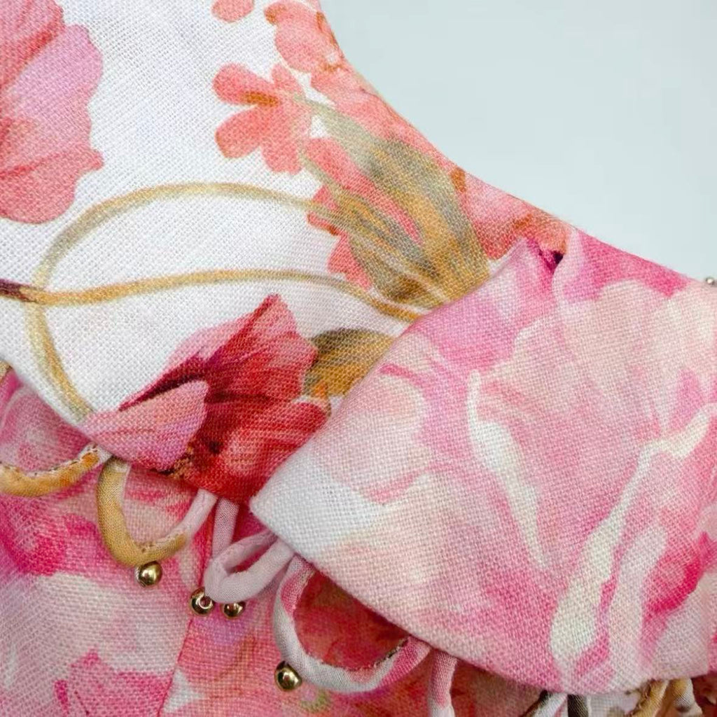 Pale Pink Floral Ruffled Spaghetti-Strap Mini Dress