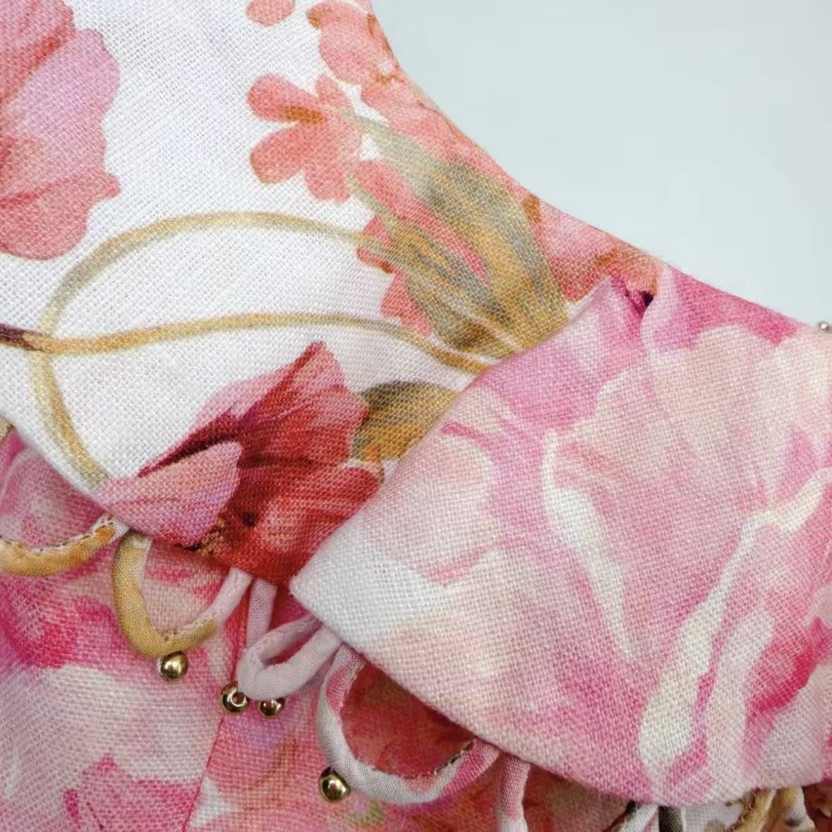 Pale Pink Floral Ruffled Spaghetti-Strap Mini Dress