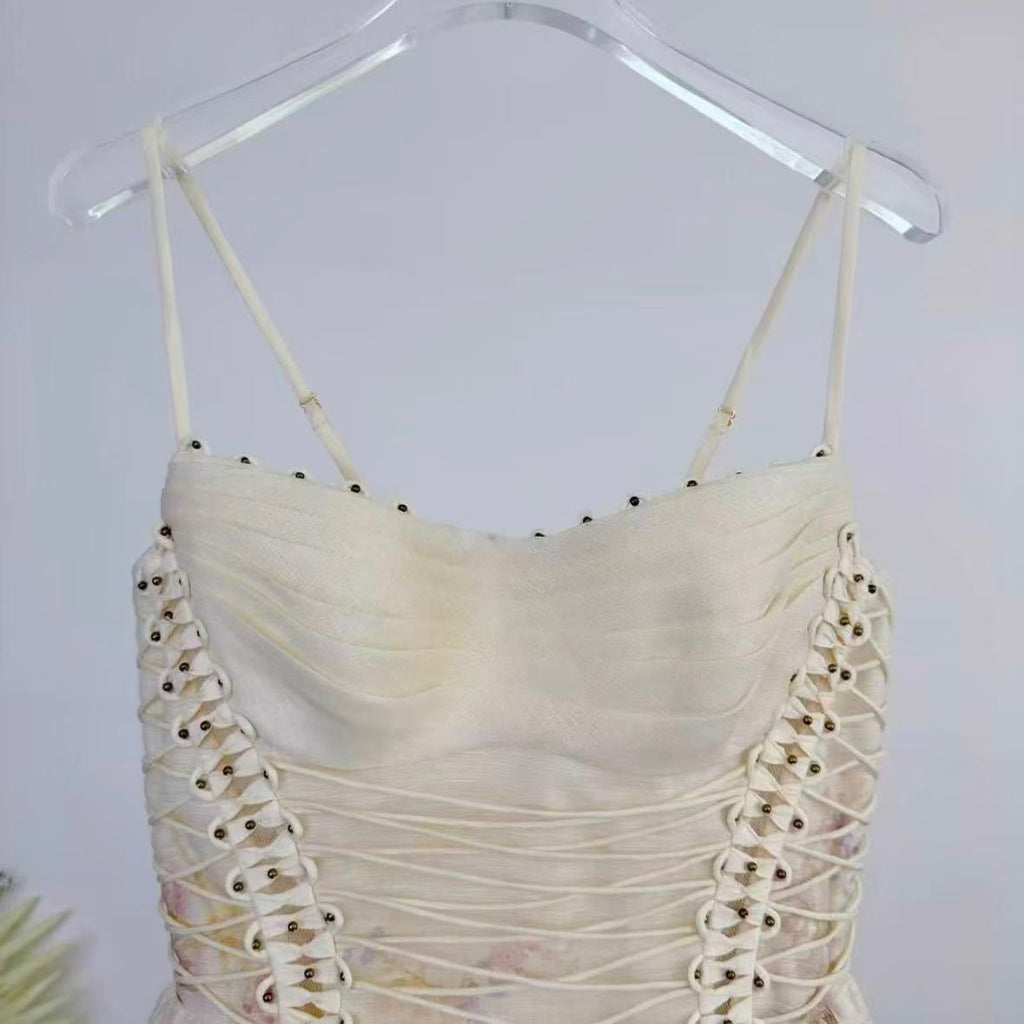 Romantic Off-White Watercolor Floral Mini Dress | Cinch-Waist Lace-Up Dress