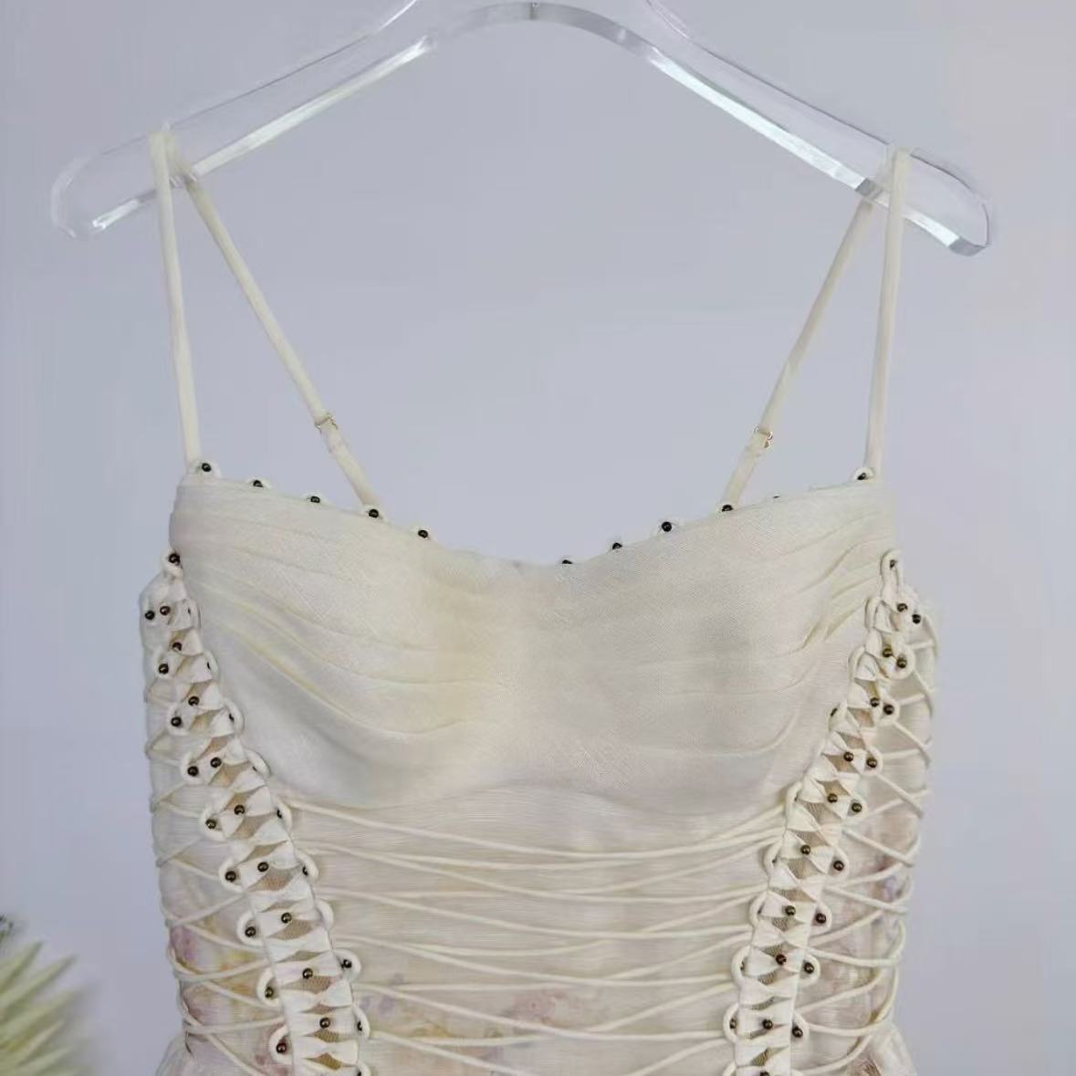 Romantic Off-White Watercolor Floral Mini Dress | Cinch-Waist Lace-Up Dress