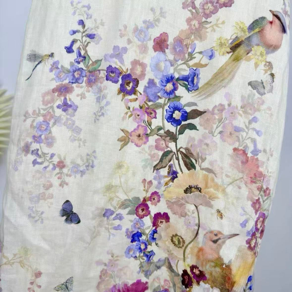 Off-White Floral & Flying Bird Print Spaghetti-Strap Maxi Dress | Sweetheart Neckline Summer Dress