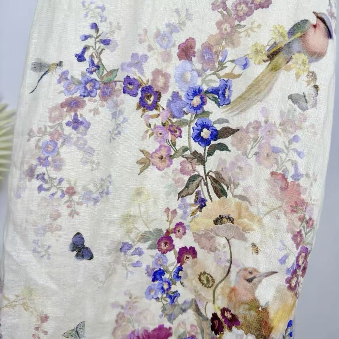 Off-White Floral & Flying Bird Print Spaghetti-Strap Maxi Dress | Sweetheart Neckline Summer Dress