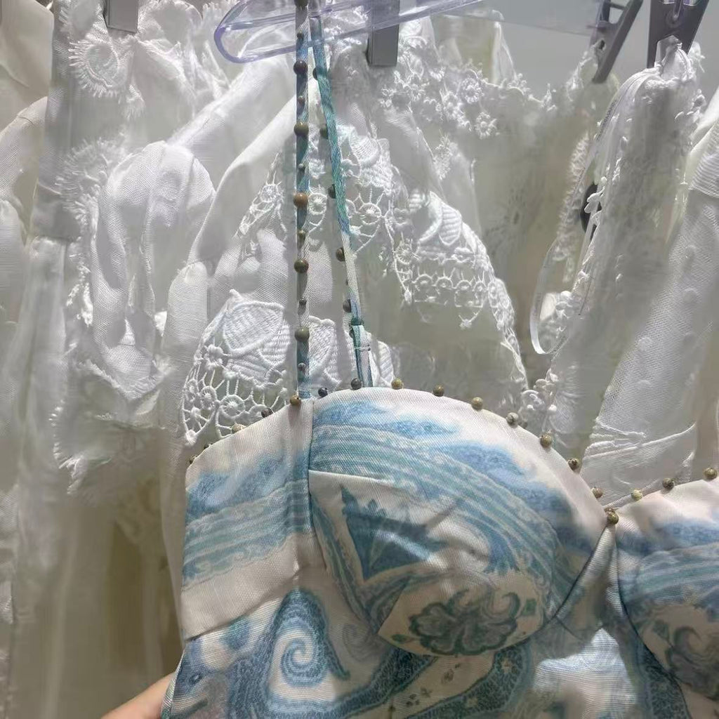 Blue and White Printed Fitted Fishtail Gown