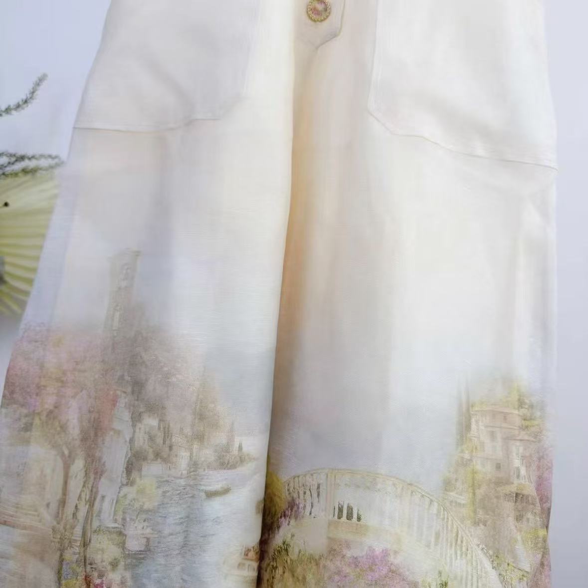 Off-White Cargo Maxi Dress with Watercolor Landscape Print
