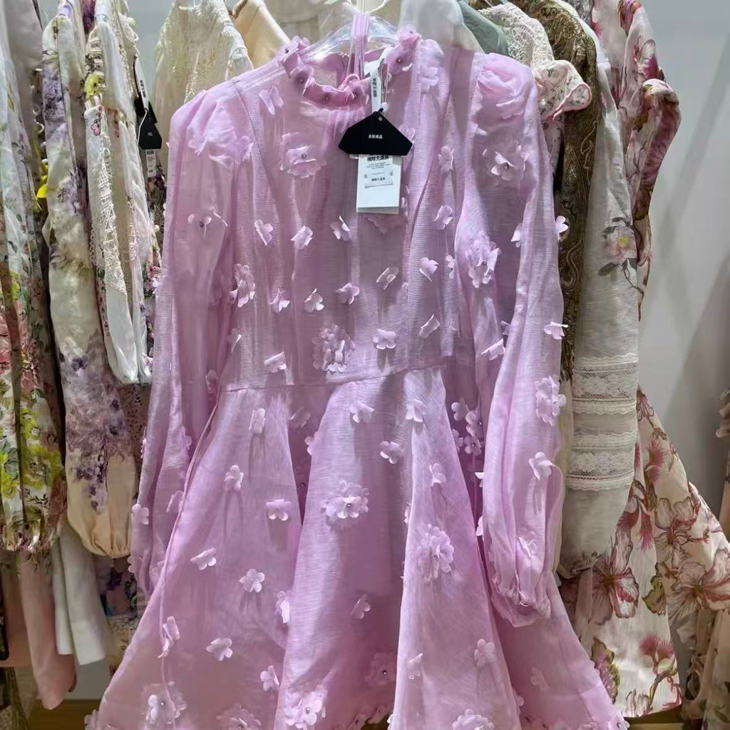 Lilac Dress with 3D Floral Appliqués