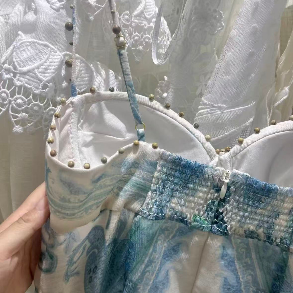 Blue and White Printed Fitted Fishtail Gown