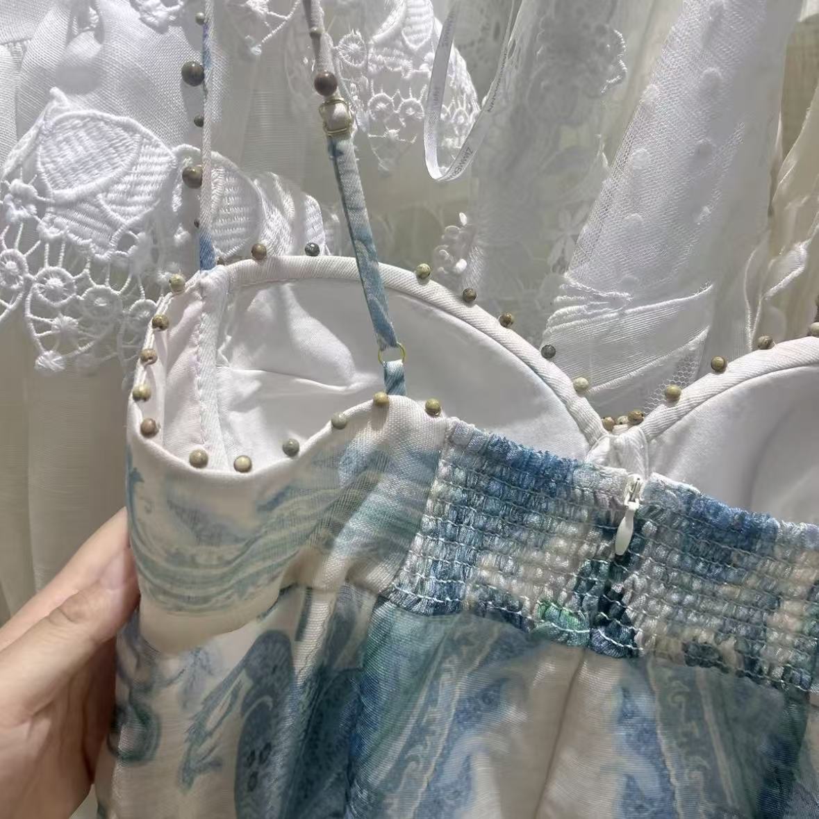 Blue and White Printed Fitted Fishtail Gown